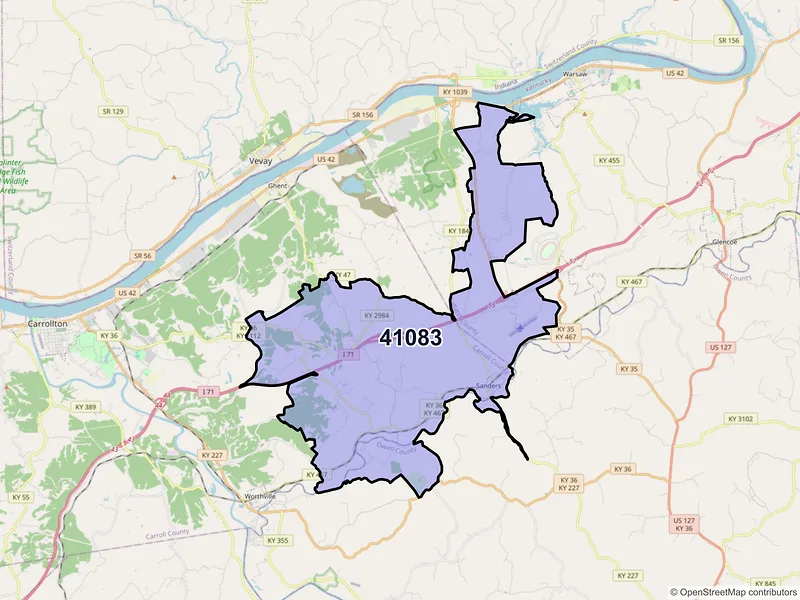 Map of Sanders, Kentucky and ZIP codes
