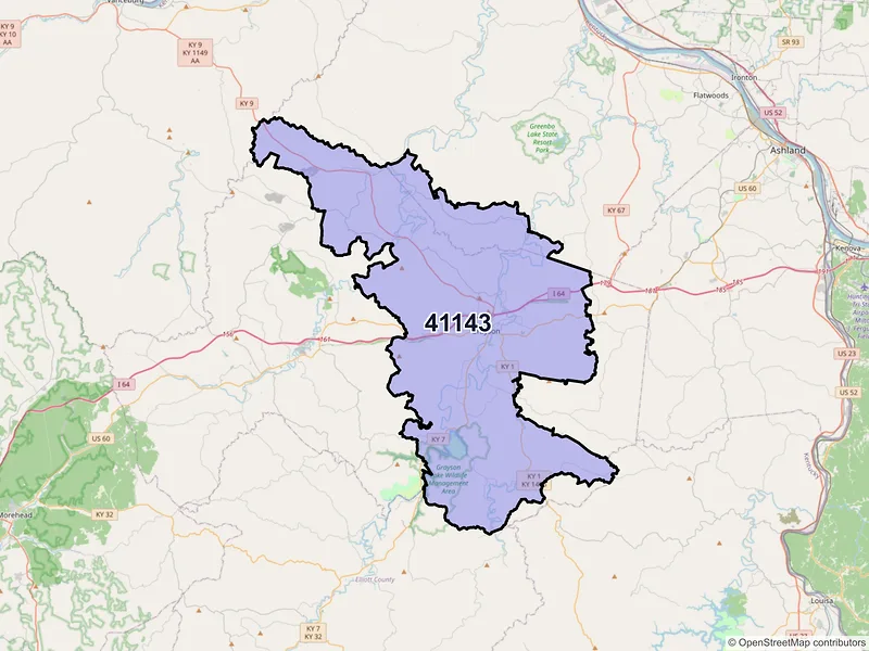 Map of ZIP Code 41143 — Grayson, KY
