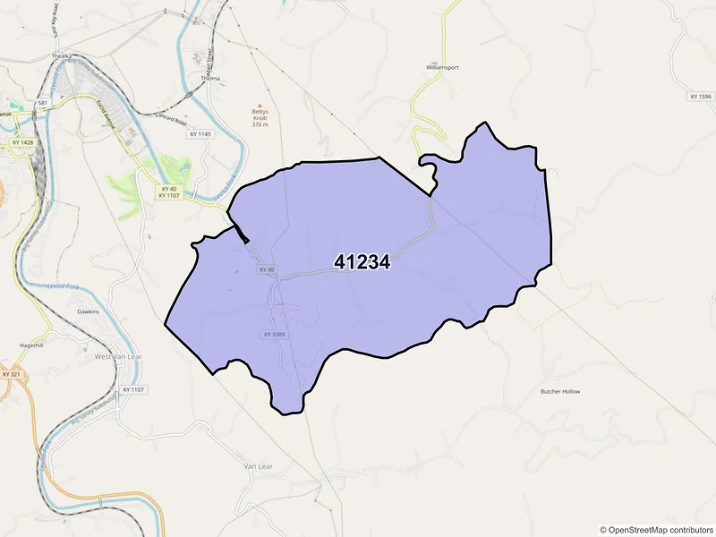 Map of ZIP Code 41234 — Meally, KY