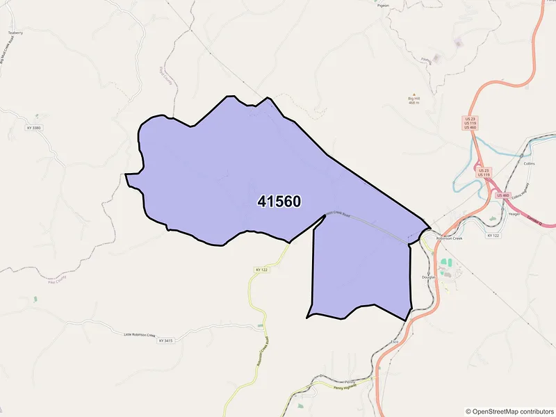 Map of Robinson Creek, Kentucky and ZIP codes