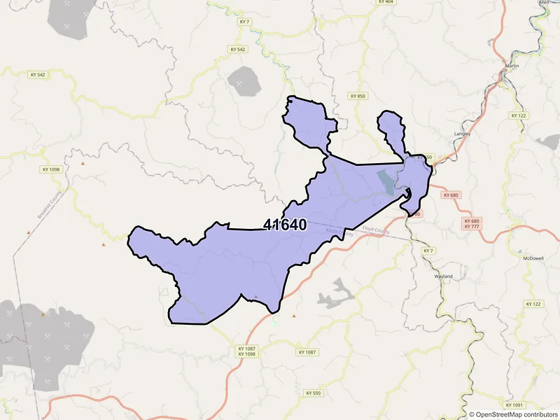 Map of Hueysville, Kentucky and ZIP codes