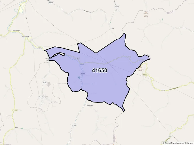 Map of Melvin, Kentucky and ZIP codes