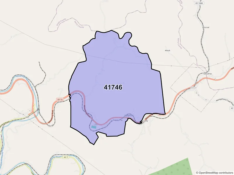 Map of Happy, Kentucky and ZIP codes