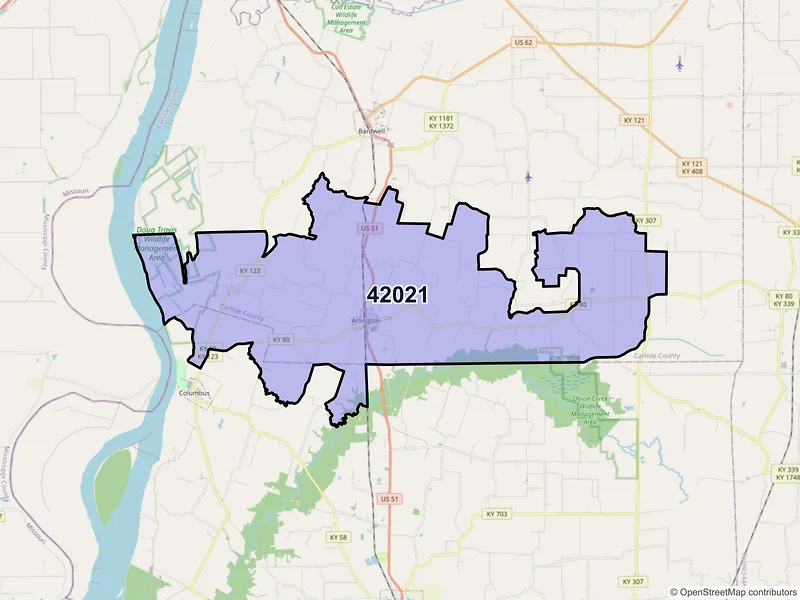 Map of ZIP Code 42021 — Arlington, KY