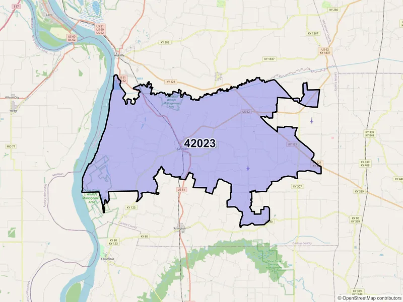Map of ZIP Code 42023 — Bardwell, KY
