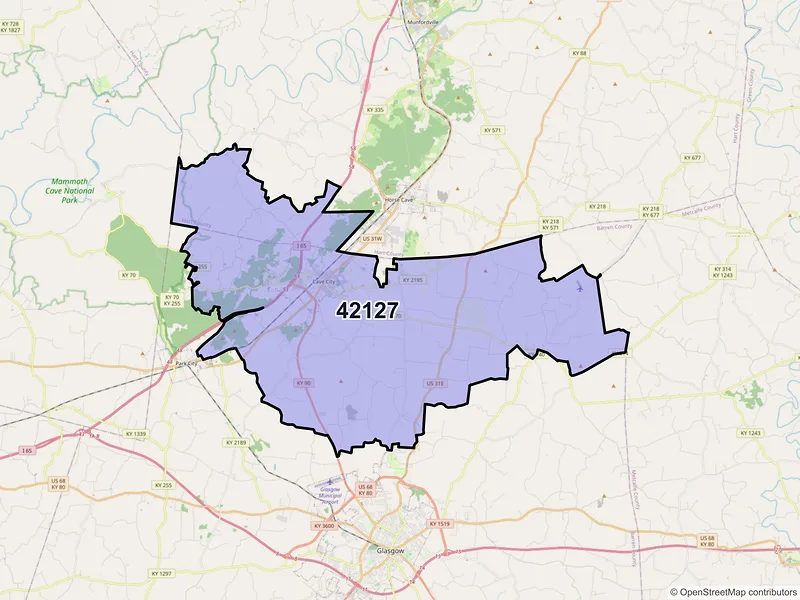 Map of Cave City, Kentucky and ZIP codes