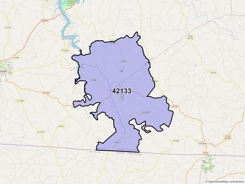 Map of ZIP Code 42133 — Fountain Run, KY