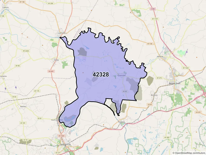 Map of Centertown, Kentucky and ZIP codes