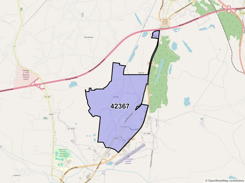 Map of ZIP Code 42367 — Powderly, KY