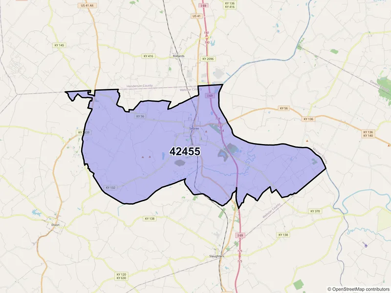 Map of ZIP Code 42455 — Sebree, KY