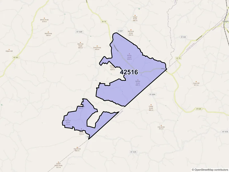 Map of ZIP Code 42516 — Bethelridge, KY