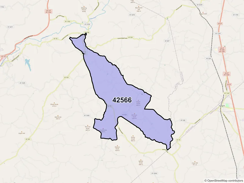 Map of Yosemite, Kentucky and ZIP codes