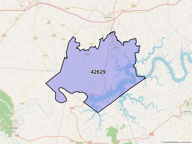 Map of Jamestown, Kentucky and ZIP codes