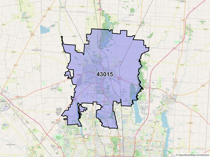 Map of Delaware, Ohio and ZIP codes