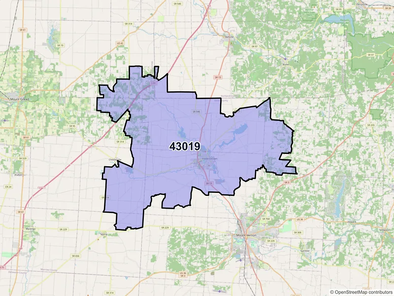 Map of ZIP Code 43019 — Fredericktown, OH