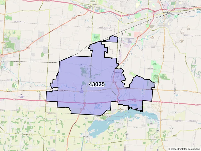 Map of Hebron, Ohio and ZIP codes