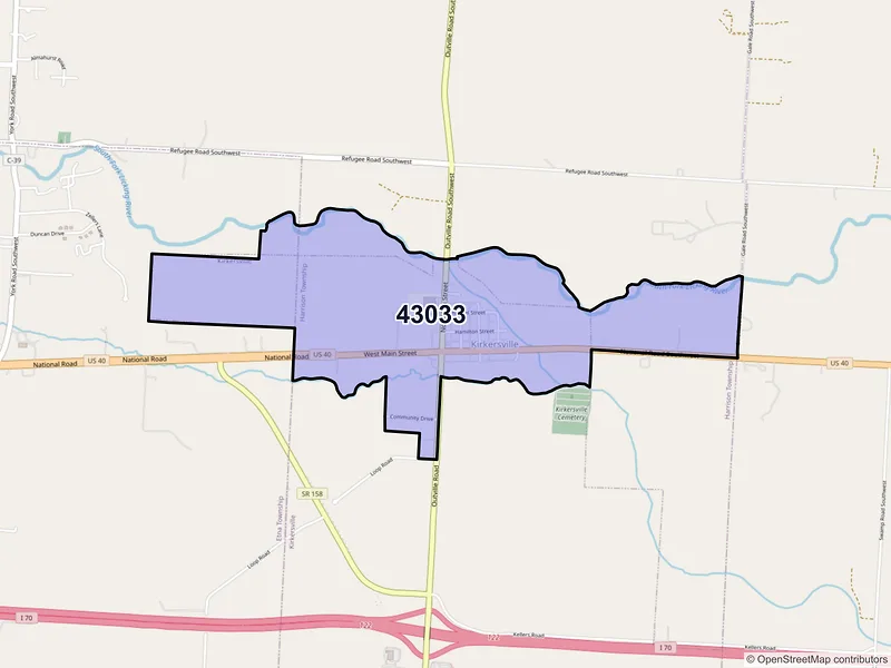 Map of Kirkersville, Ohio and ZIP codes