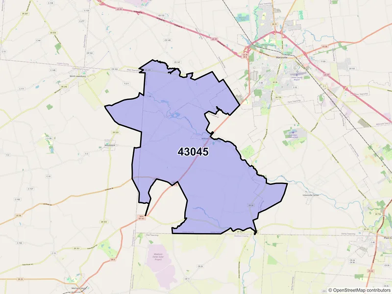 Map of Milford Center, Ohio and ZIP codes