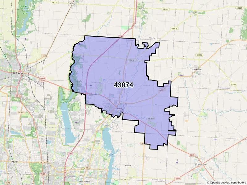 Map of Sunbury, Ohio and ZIP codes