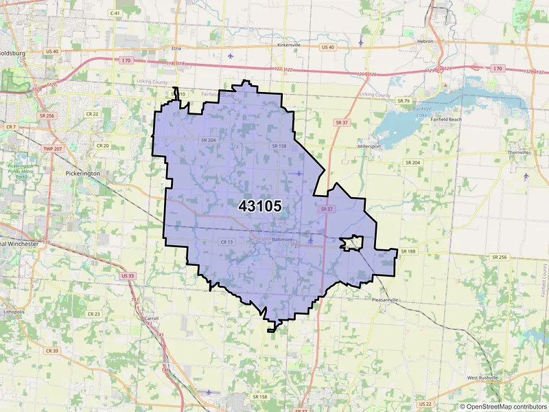 Map of Baltimore, Ohio and ZIP codes