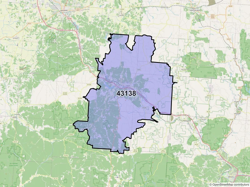 Map of Logan, Ohio and ZIP codes