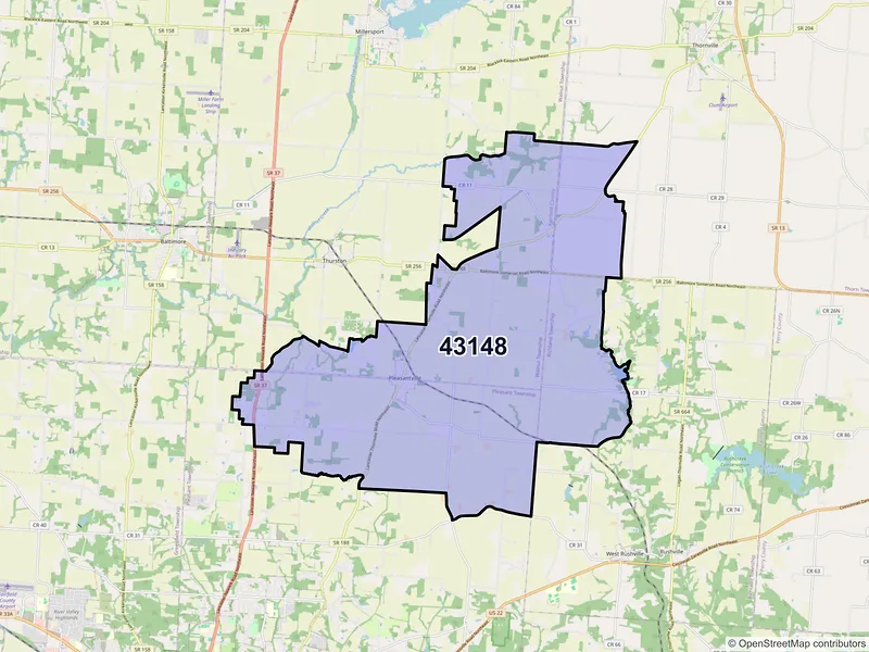 Map of Pleasantville, Ohio and ZIP codes
