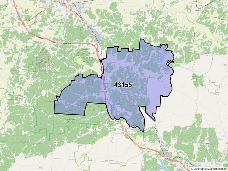 Map of Sugar Grove, Ohio and ZIP codes