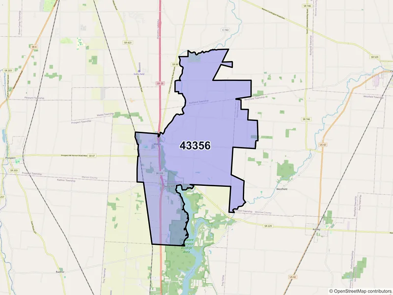 Map of Waldo, Ohio and ZIP codes