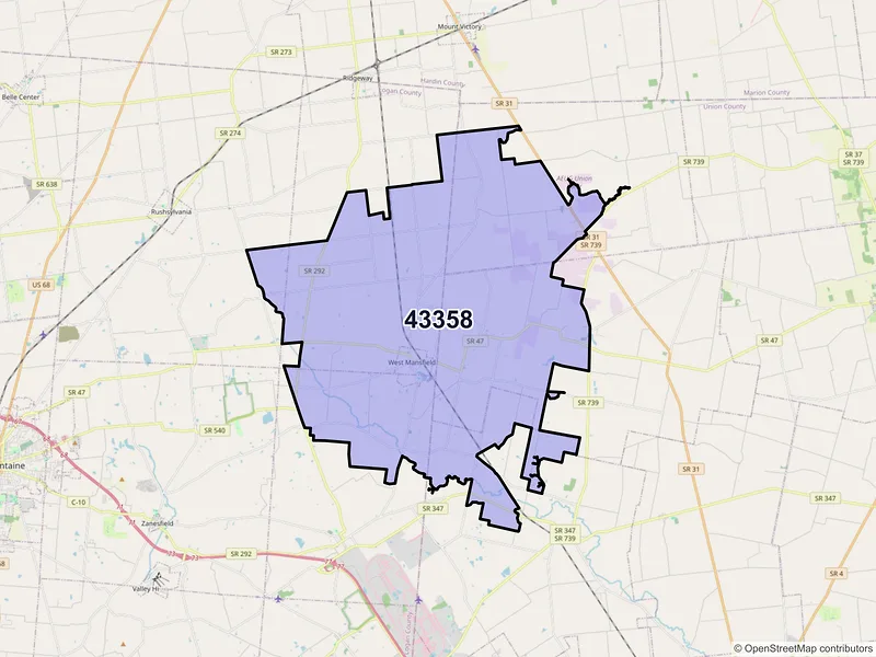 Map of ZIP Code 43358 — West Mansfield, OH