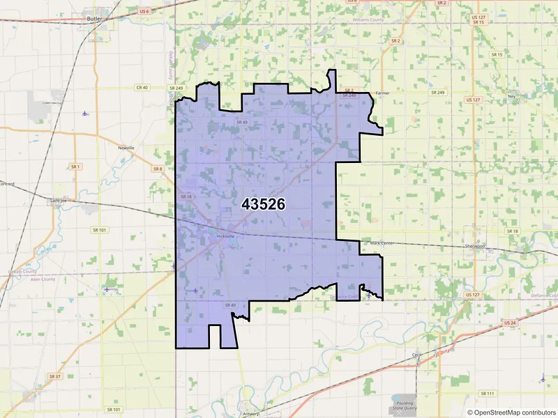 Map of Hicksville, Ohio and ZIP codes