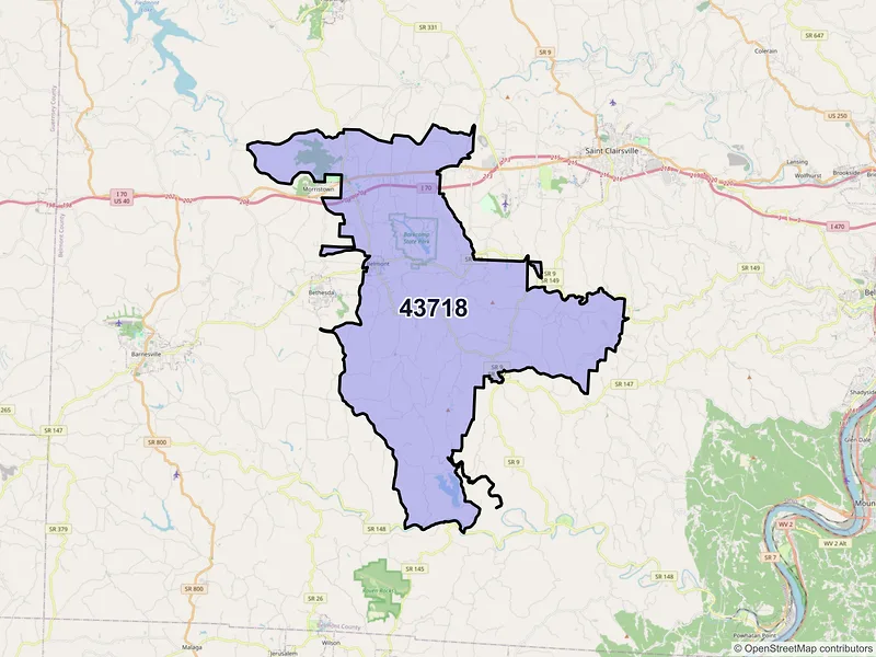 Map of Belmont, Ohio and ZIP codes