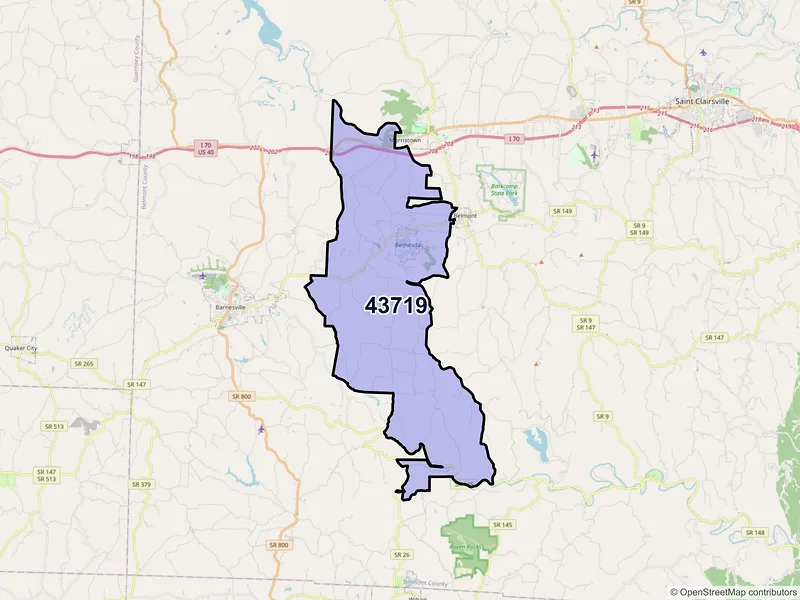 Map of Bethesda, Ohio and ZIP codes