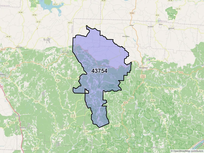 Map of ZIP Code 43754 — Lewisville, OH
