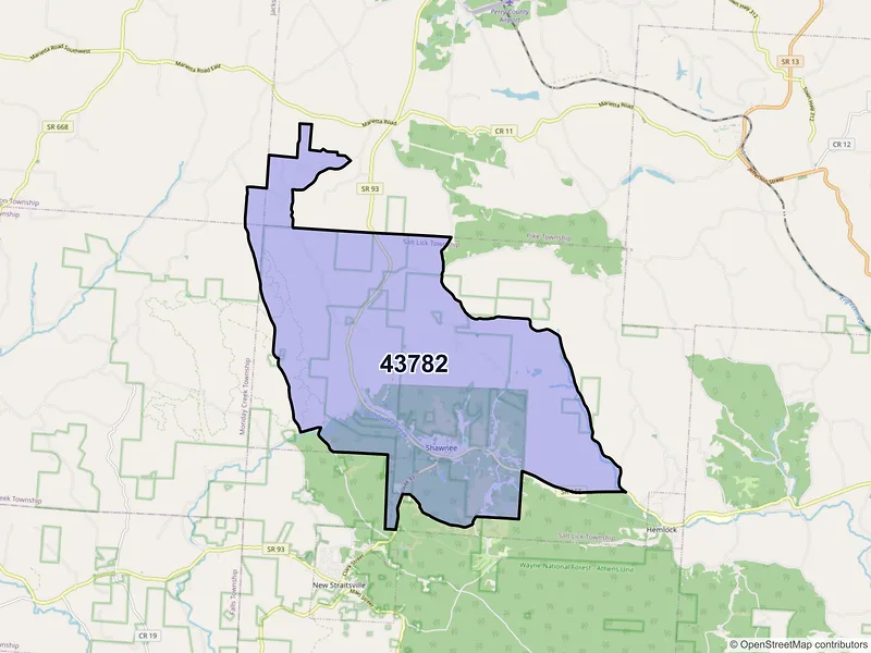 Map of Shawnee, Ohio and ZIP codes