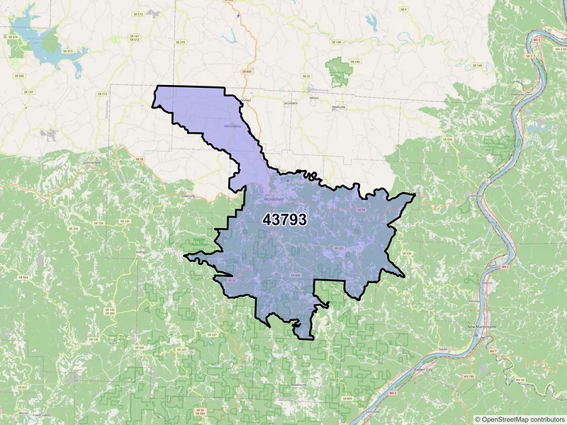 Map of ZIP Code 43793 — Woodsfield, OH