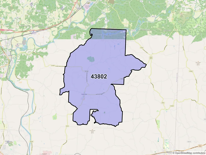 Map of Adamsville, Ohio and ZIP codes