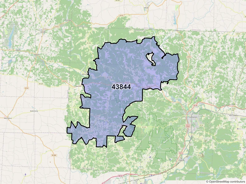 Map of ZIP Code 43844 — Warsaw, OH
