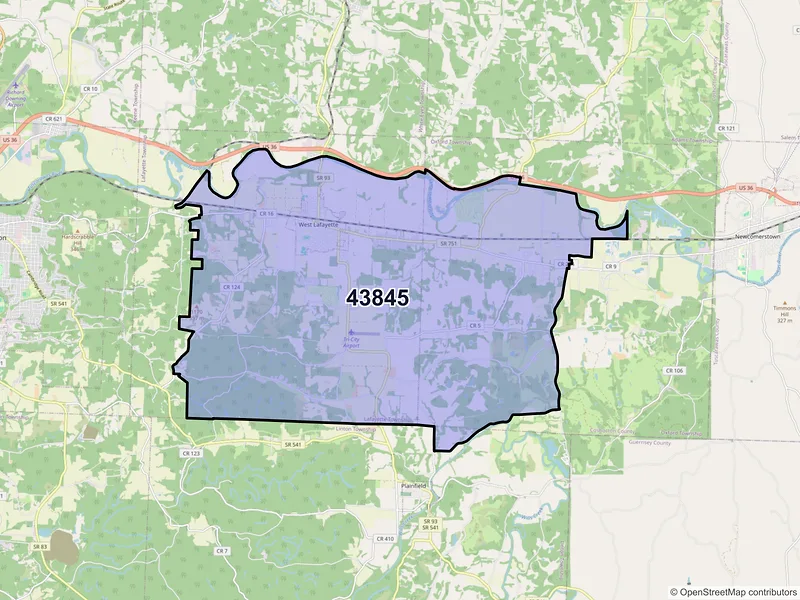 Map of West Lafayette, Ohio and ZIP codes
