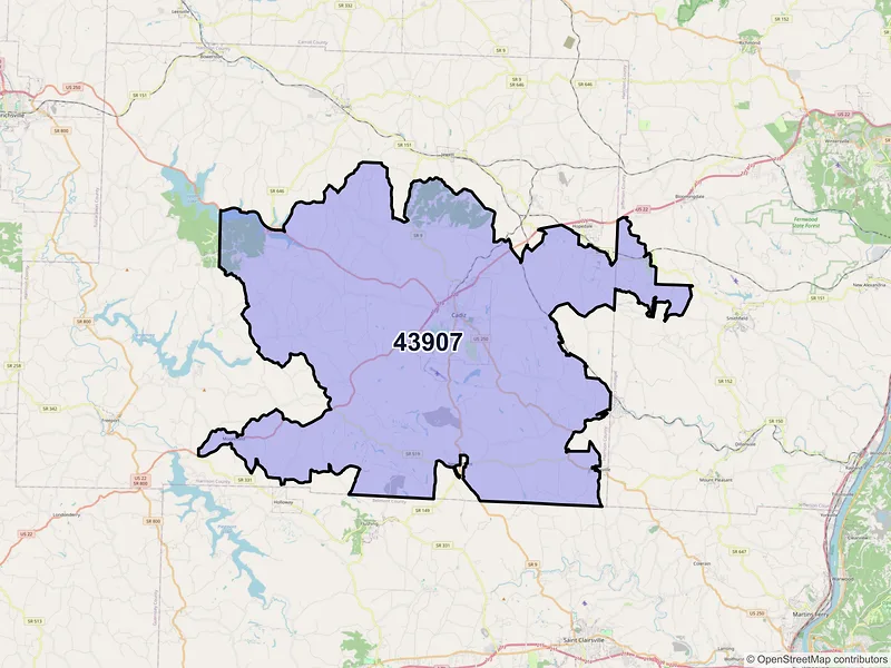 Map of Cadiz, Ohio and ZIP codes