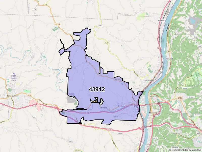 Map of ZIP Code 43912 — Bridgeport, OH