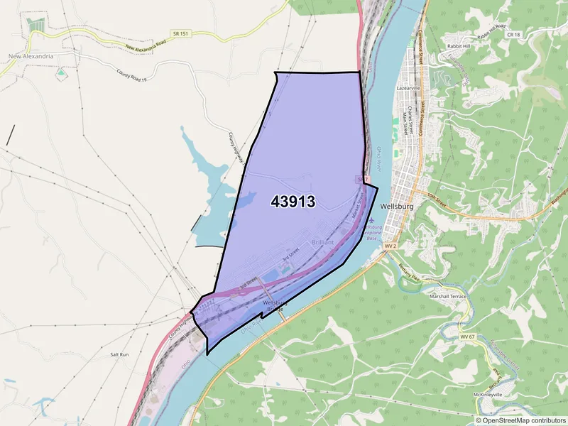 Map of ZIP Code 43913 — Brilliant, OH