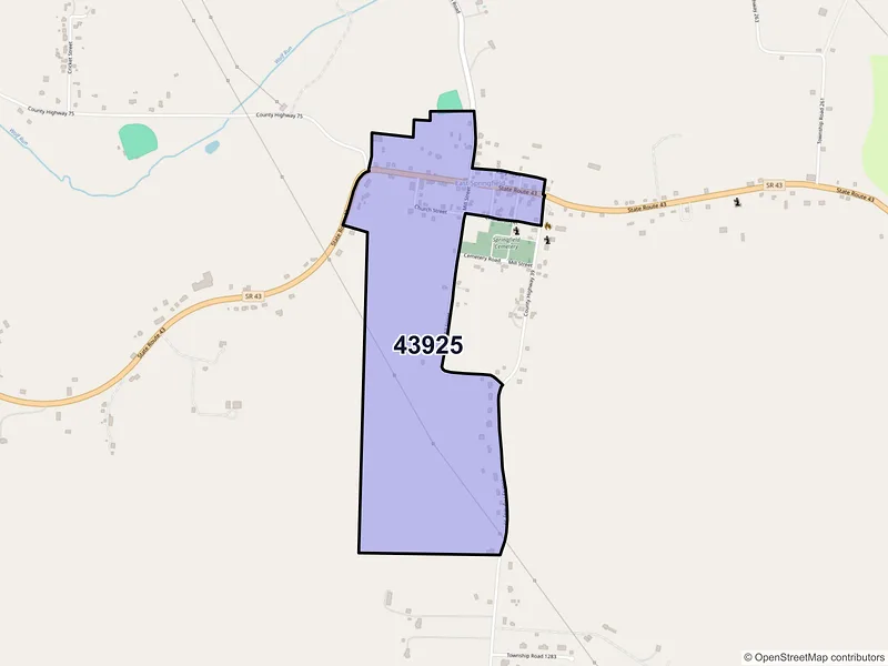Map of East Springfield, Ohio and ZIP codes