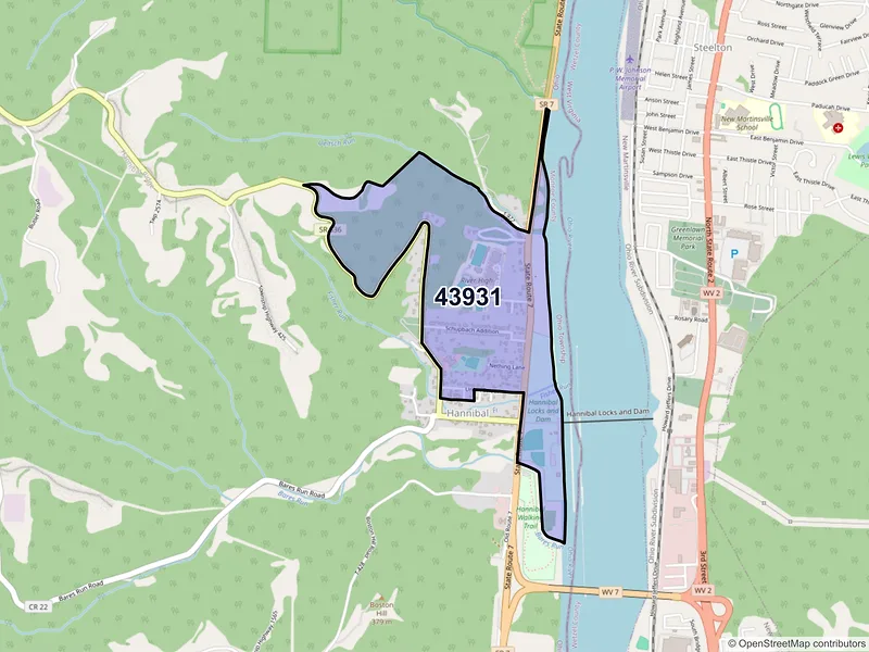 Map of Hannibal, Ohio and ZIP codes