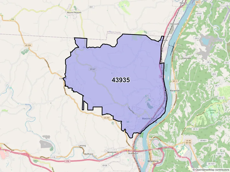 Map of Martins Ferry, Ohio and ZIP codes