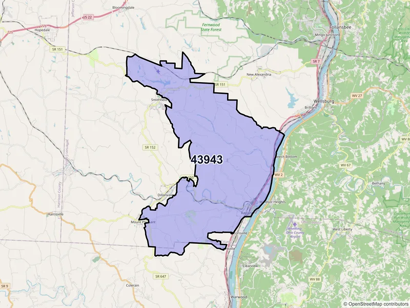 Map of Rayland, Ohio and ZIP codes