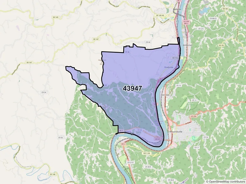 Map of ZIP Code 43947 — Shadyside, OH