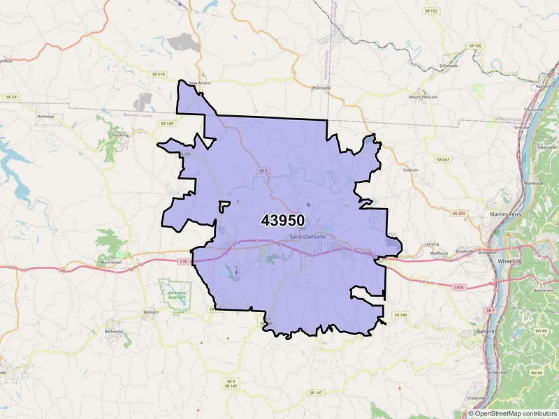 Map of ZIP Code 43950 — Saint Clairsville, OH