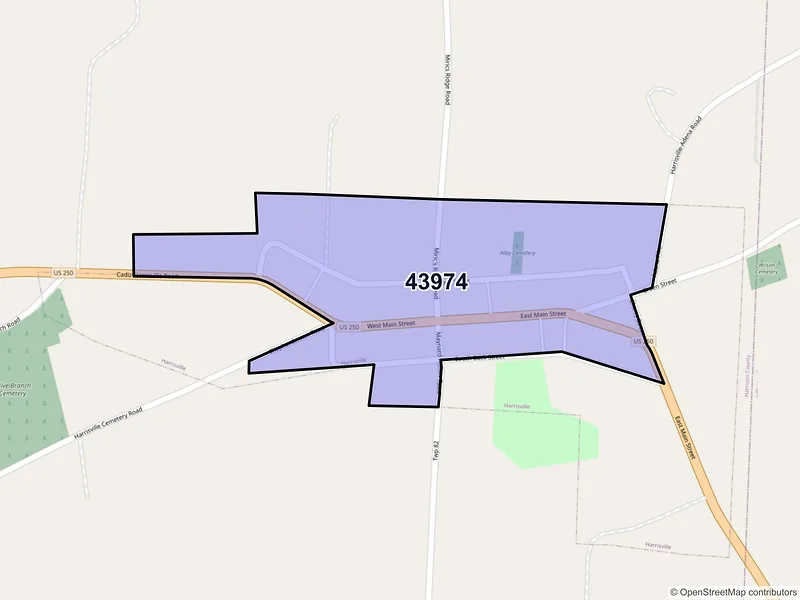 Map of Harrisville, Ohio and ZIP codes