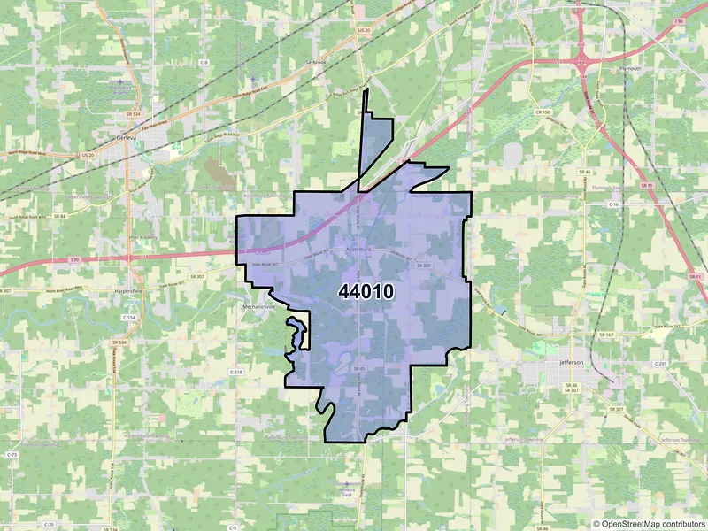 Map of Austinburg, Ohio and ZIP codes