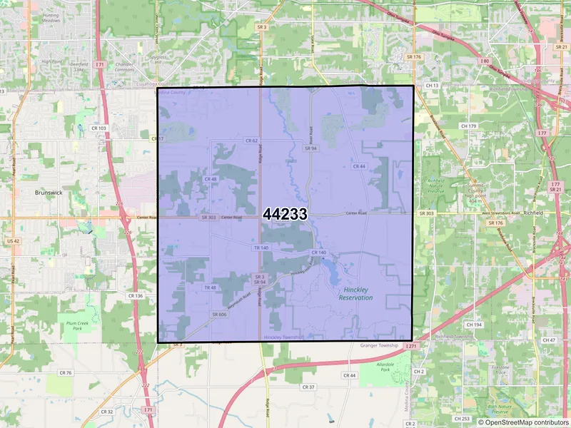 Map of Hinckley, Ohio and ZIP codes